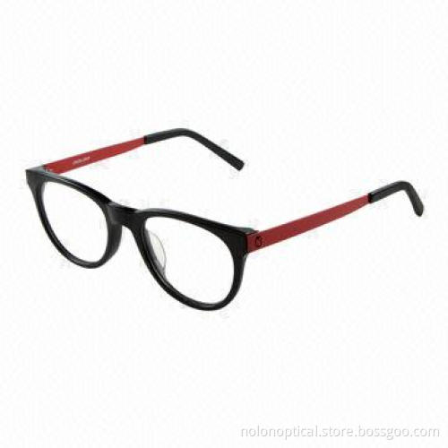 Black acetate front and red metal temple optical frame